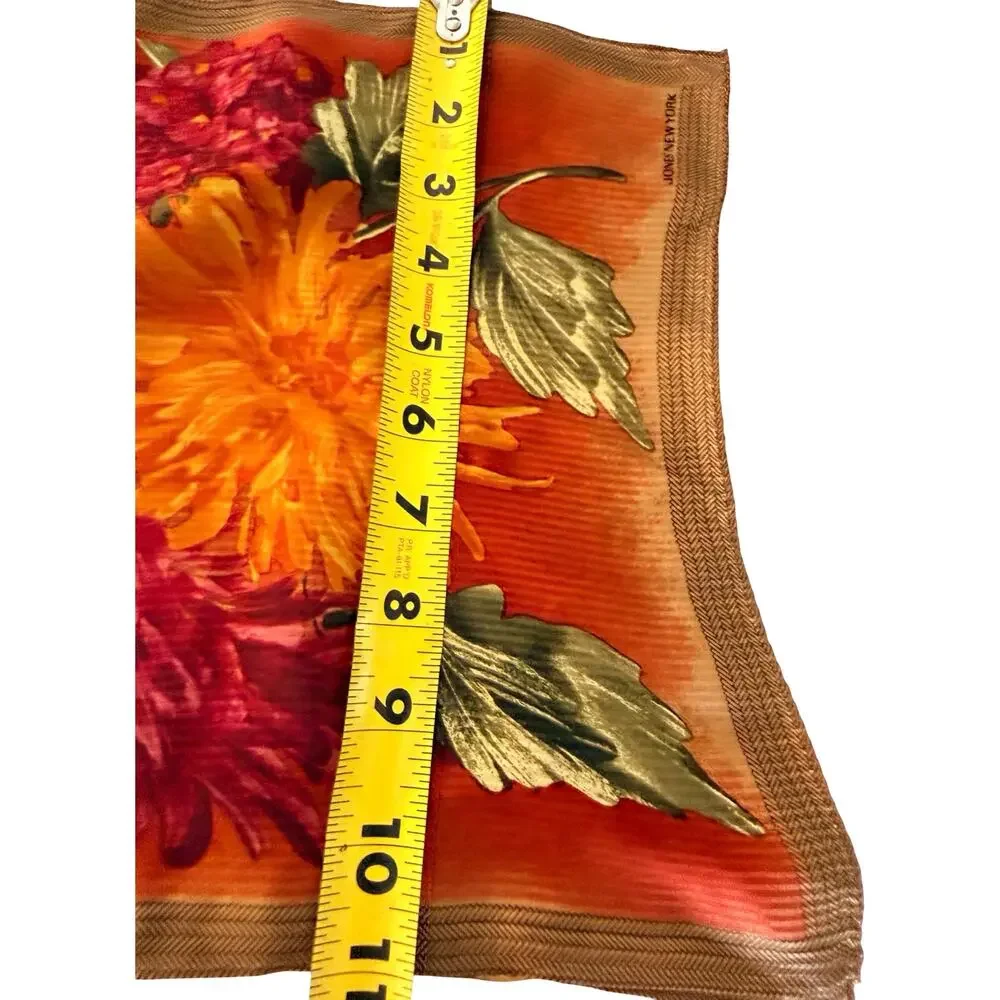Vintage Jones New York Silk Floral Scarf 1990s Orange Red Chrysanthemum 11x52